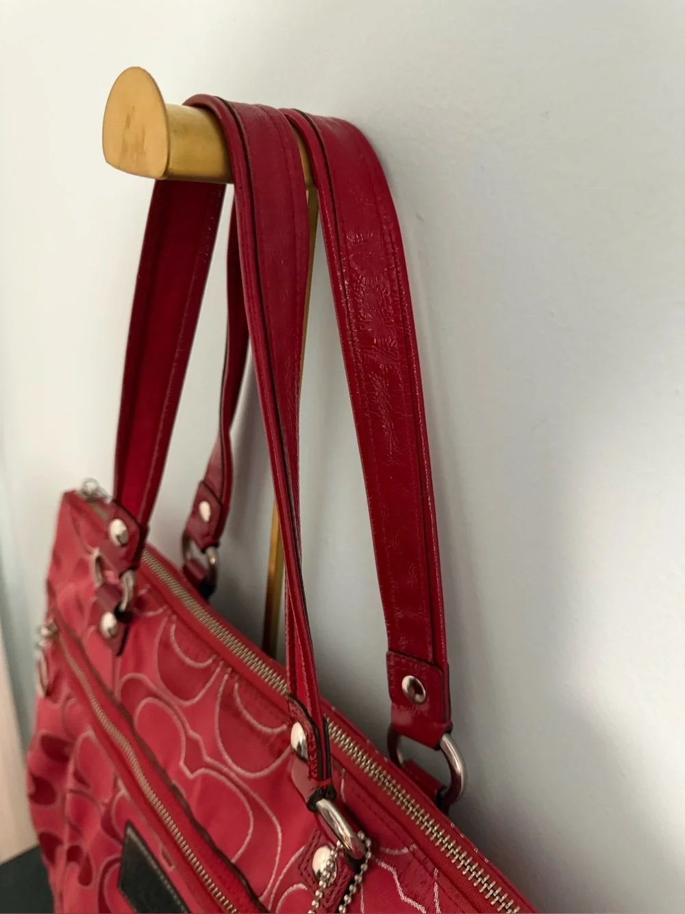 Coach Poppy Red Signature Shoulder Tote with silver tone Hardware!